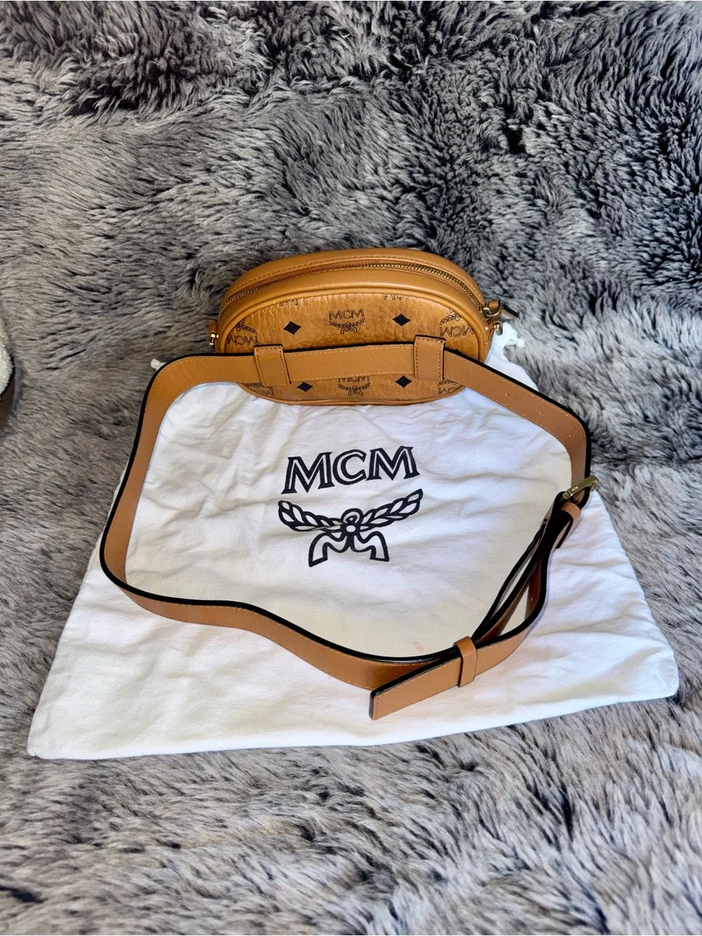 MCM Visetos Cognac Oval Crossbody Belt Bag w/ Dust Bag